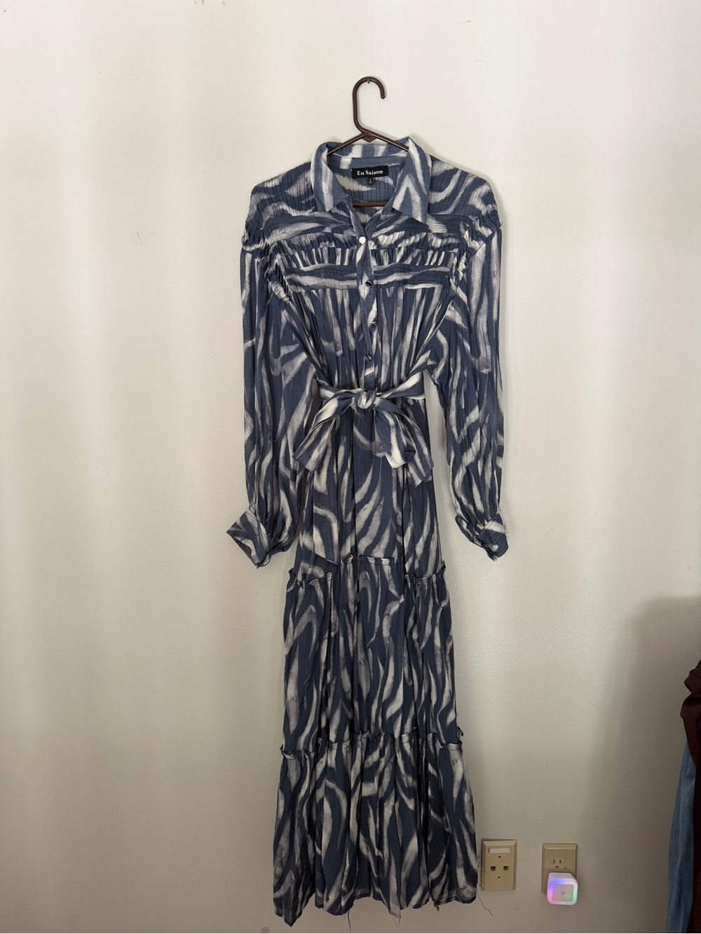 Eva Franco Navy and White Abstract Tie-Waist Maxi Dress